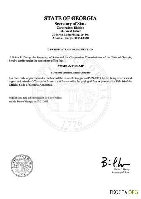 Modèle Word et PDF de certificat d'organisation des États Unis Géorgie